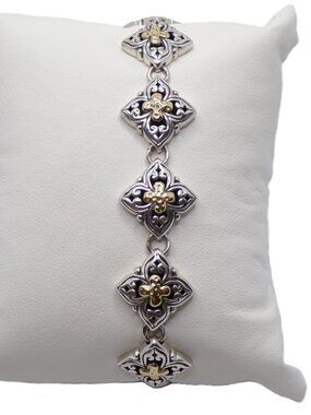 Sterling Silver and 18k Yellow Gold Accents Ornate Link Toggle Bracelet